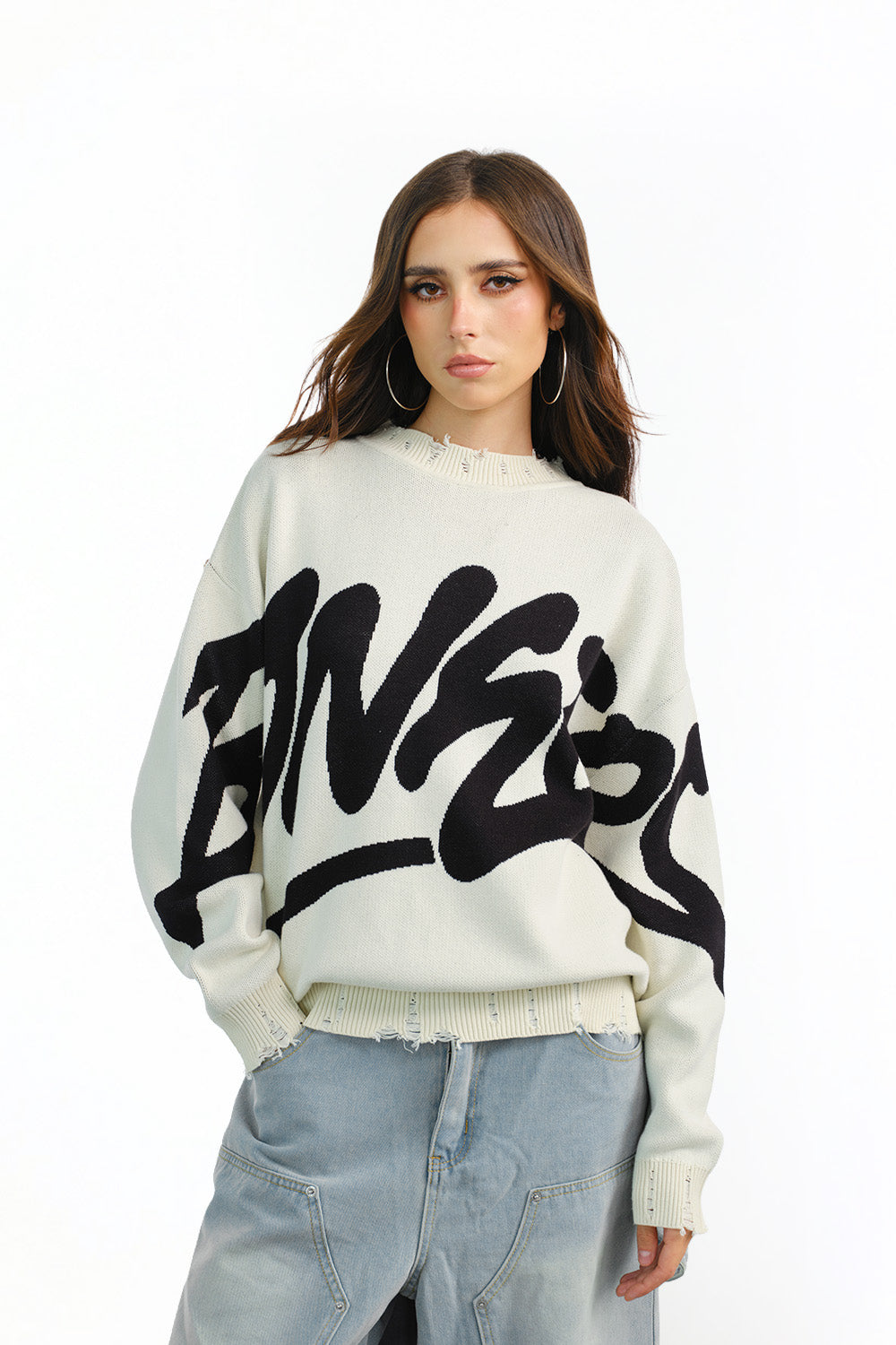 Graffiti Distressed White Pullover