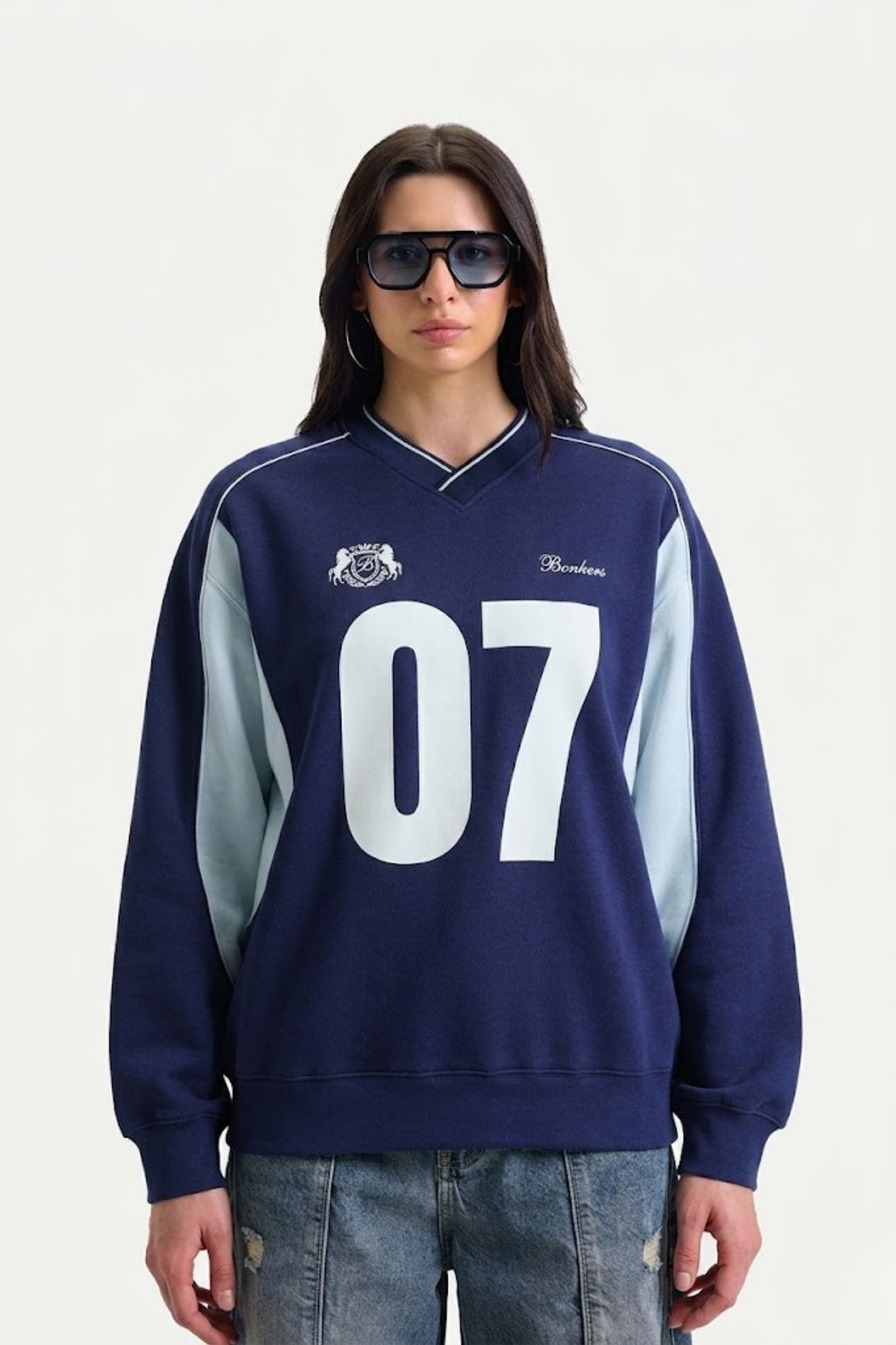 Navy 07 Varsity V-Neck Sweatshirt - BonkersCorner