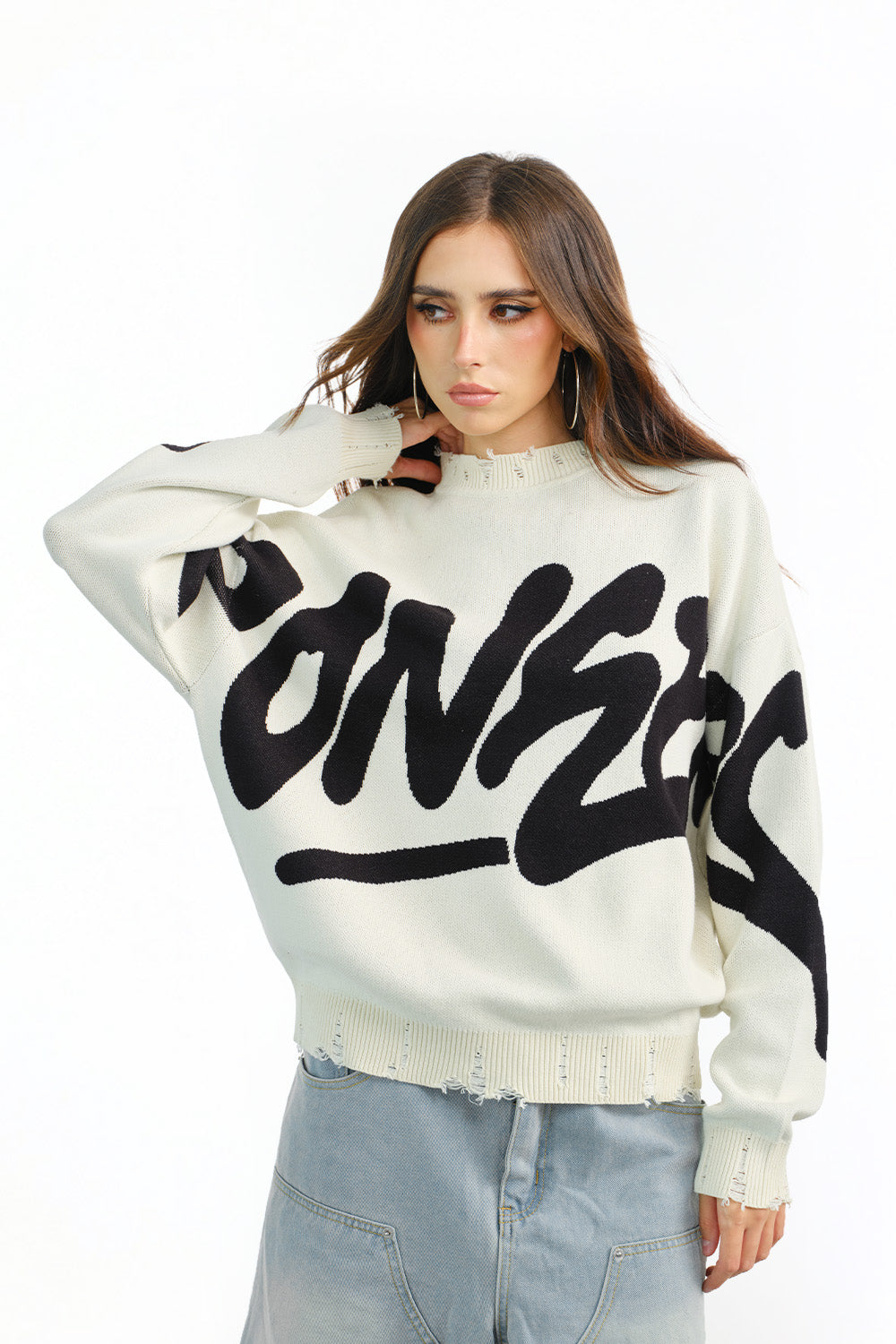 Graffiti Distressed White Pullover - BonkersCorner