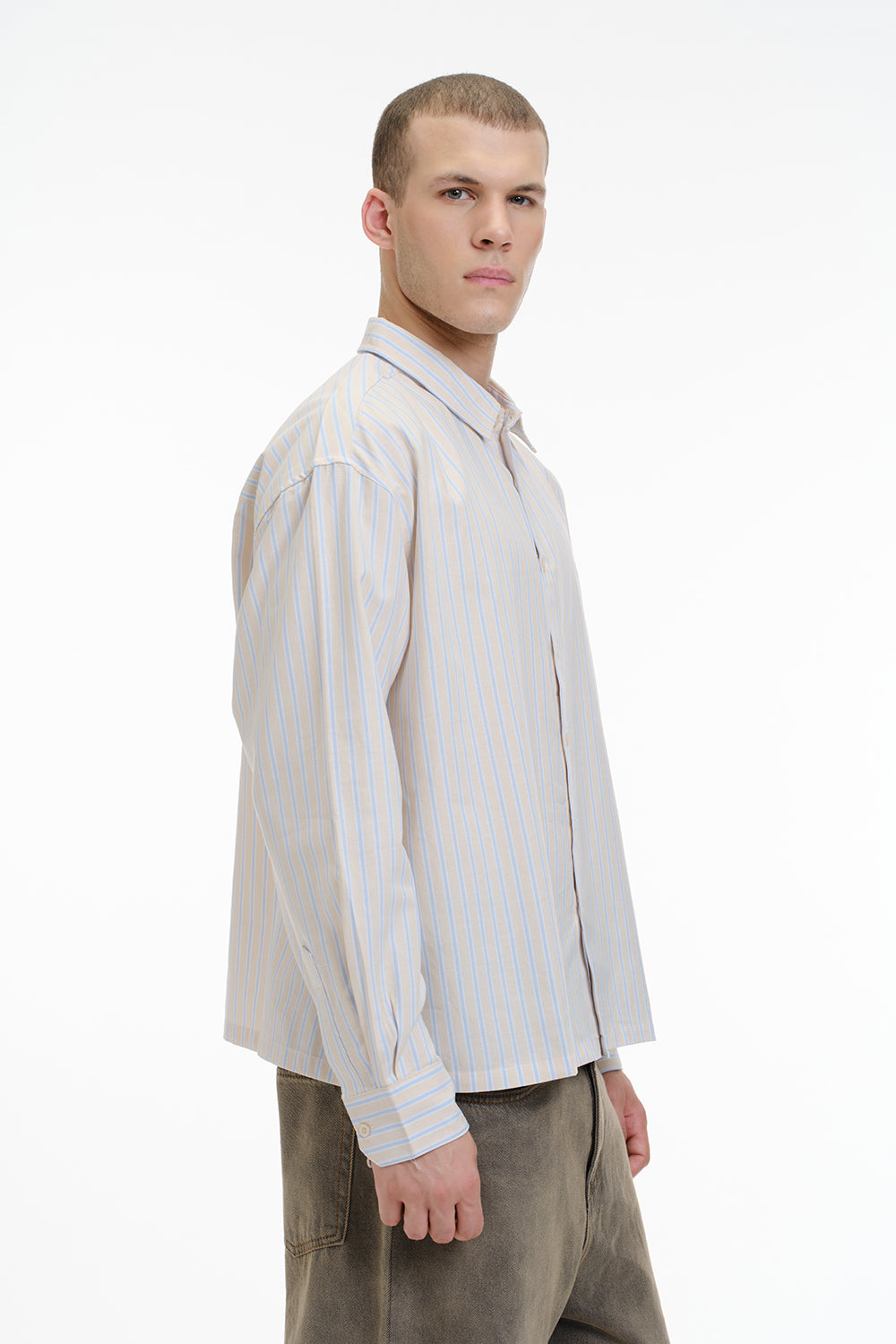 Beige Blue Striped Full Sleeve Shirt