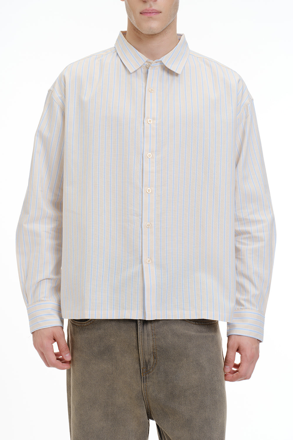 Beige Blue Striped Full Sleeve Shirt