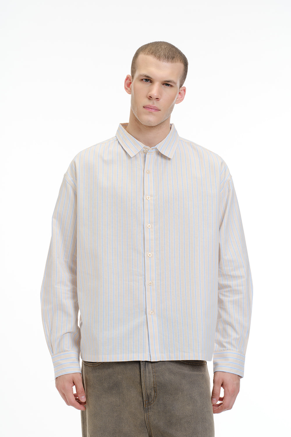 Beige Blue Striped Full Sleeve Shirt