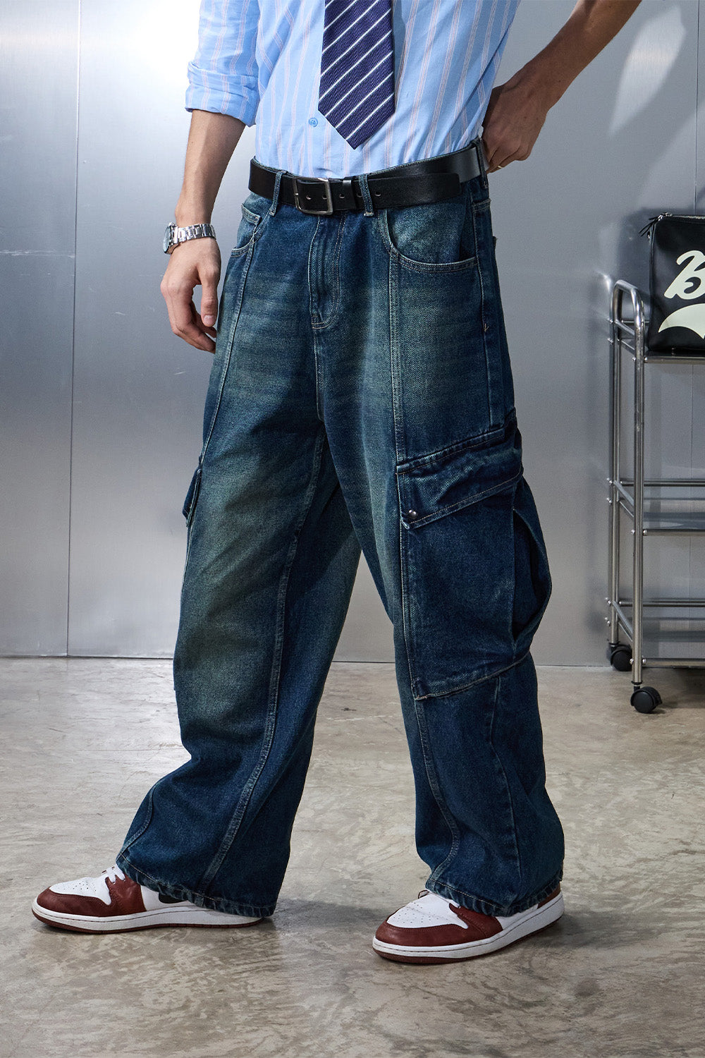 Tinted Blue Cargo Denim Pants - BonkersCorner