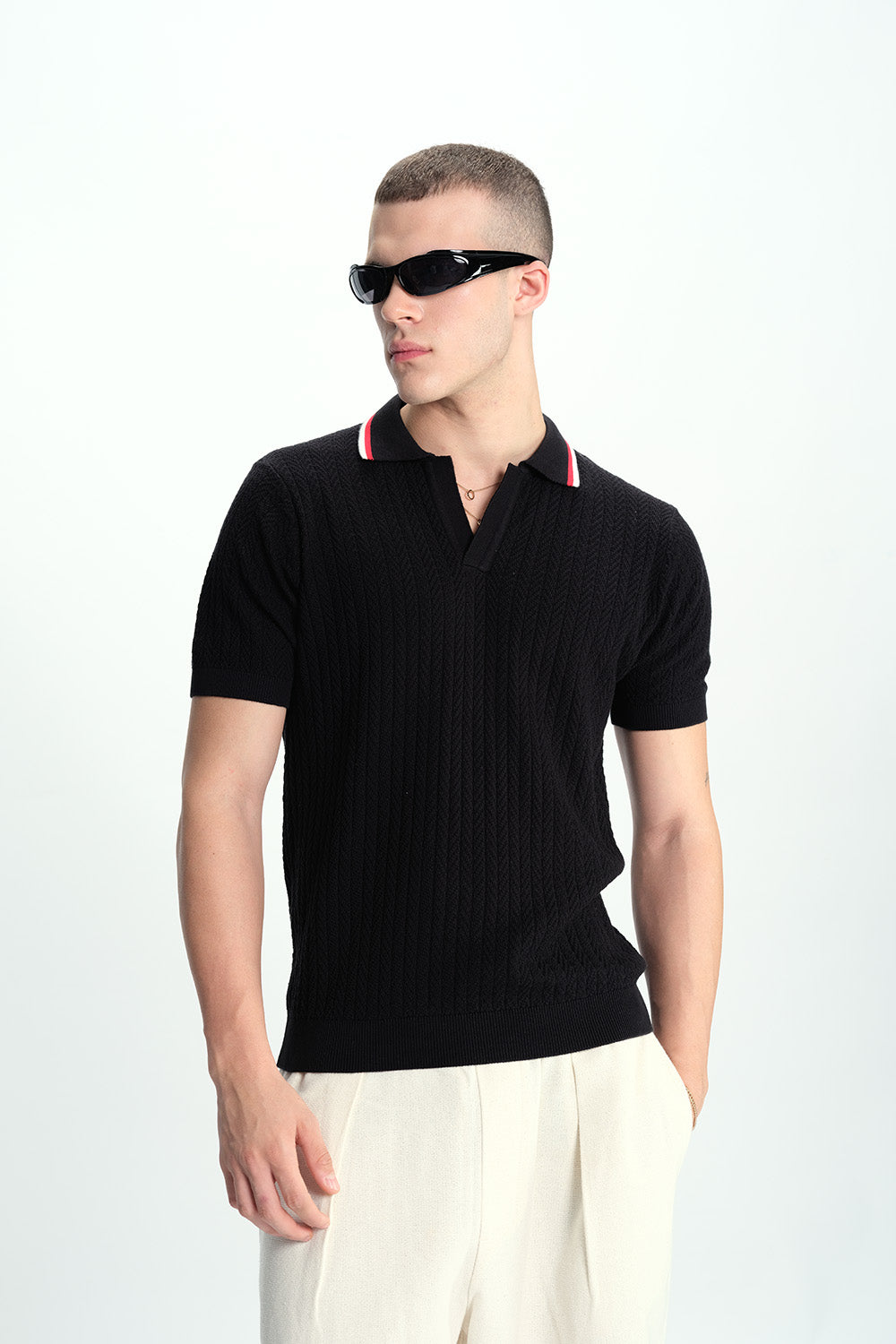 Black Cable Knit Polo - BonkersCorner