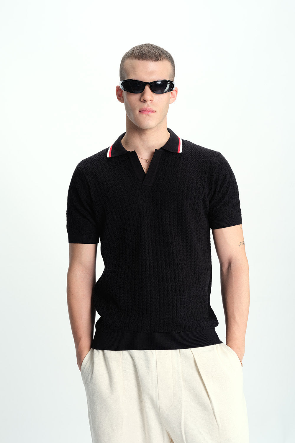Black Cable Knit Polo - BonkersCorner