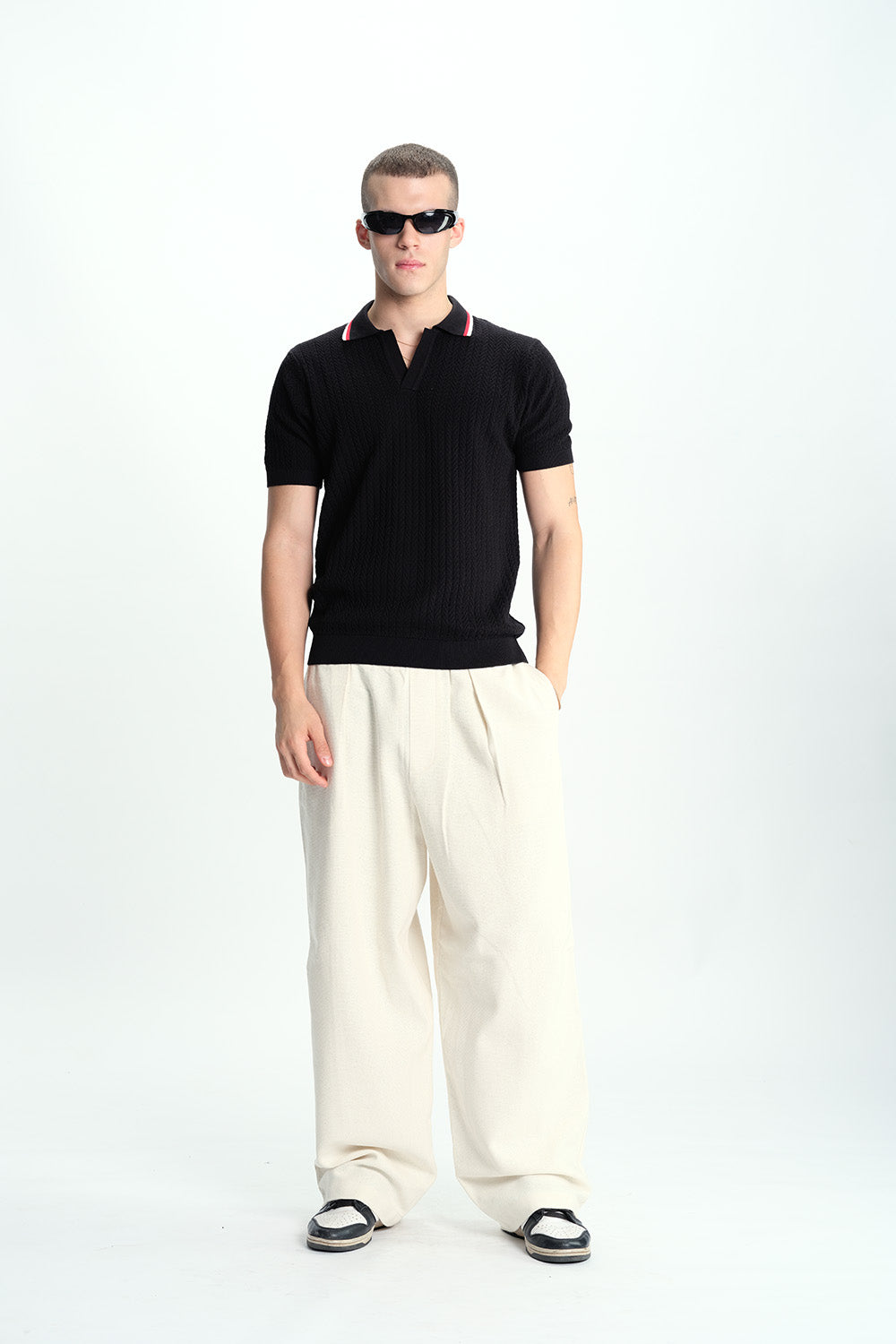 Black Cable Knit Polo - BonkersCorner