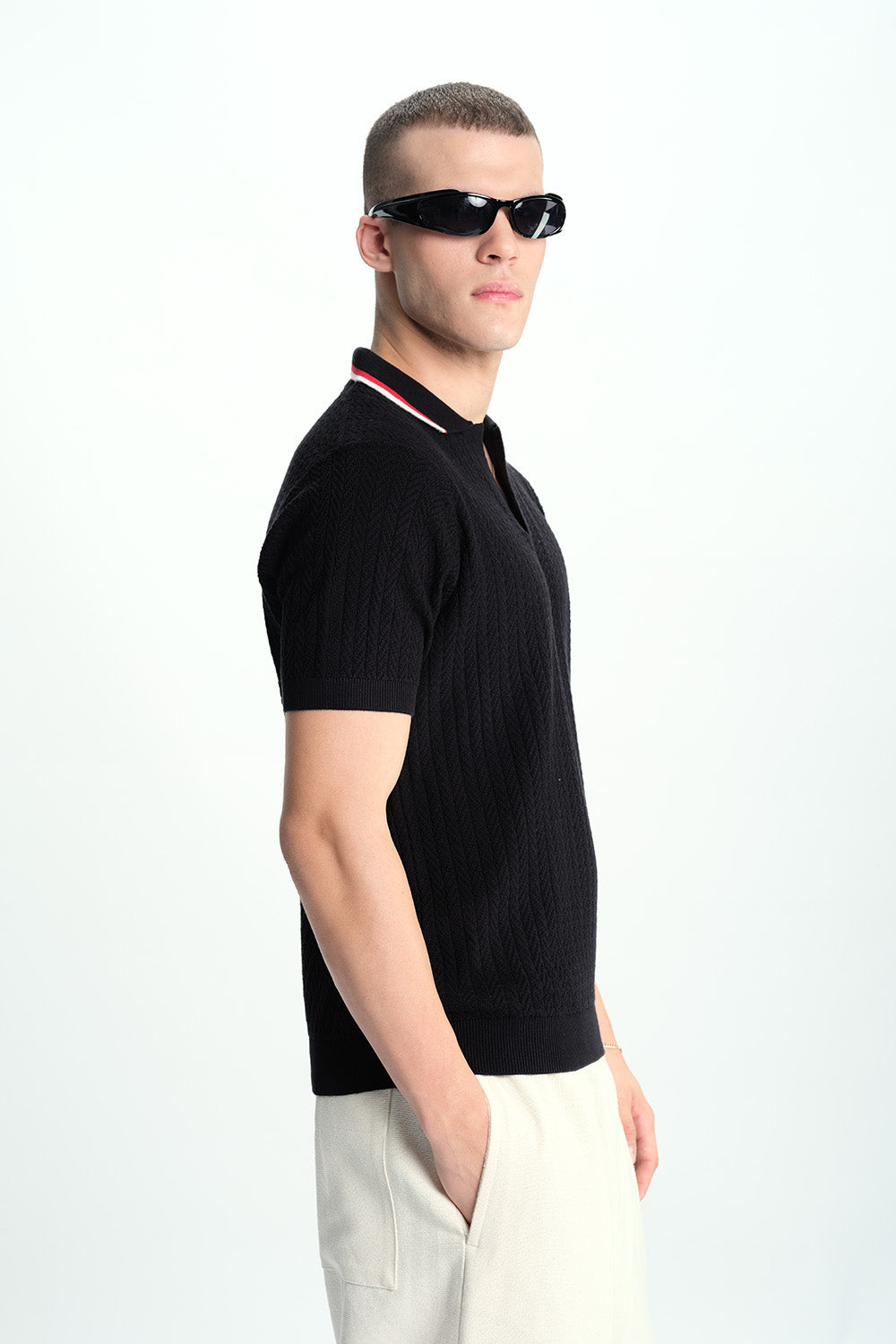 Black Cable Knit Polo - BonkersCorner
