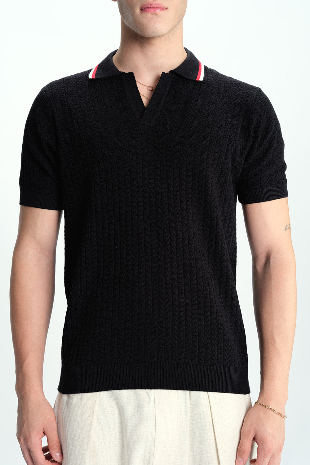 Black Cable Knit Polo - BonkersCorner