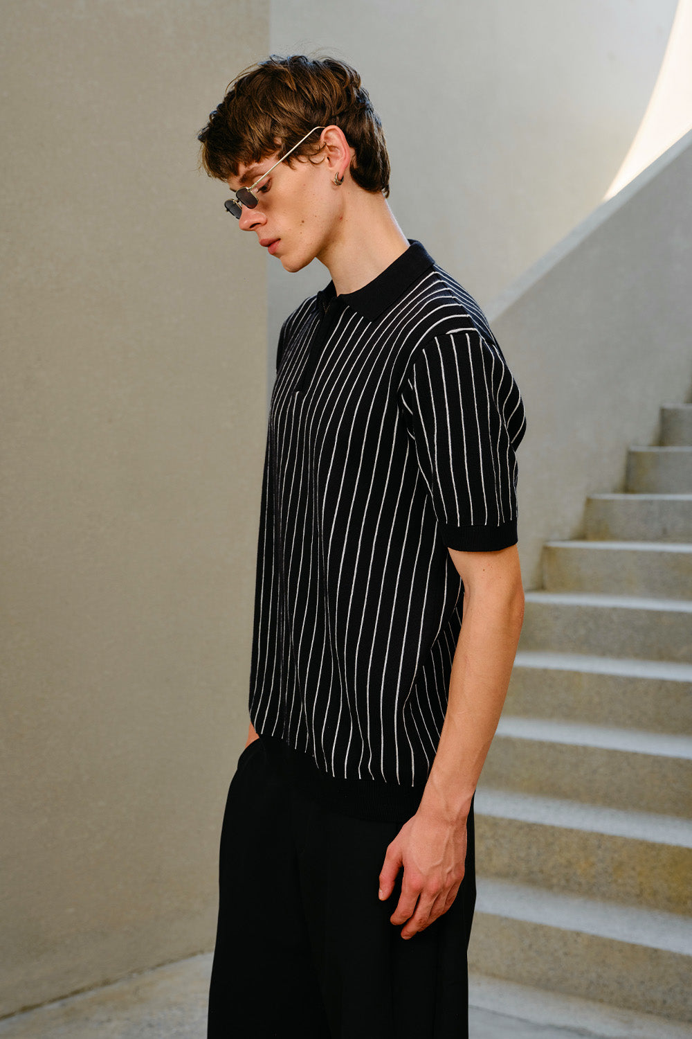 Black Metro Stripe Knit Polo - BonkersCorner