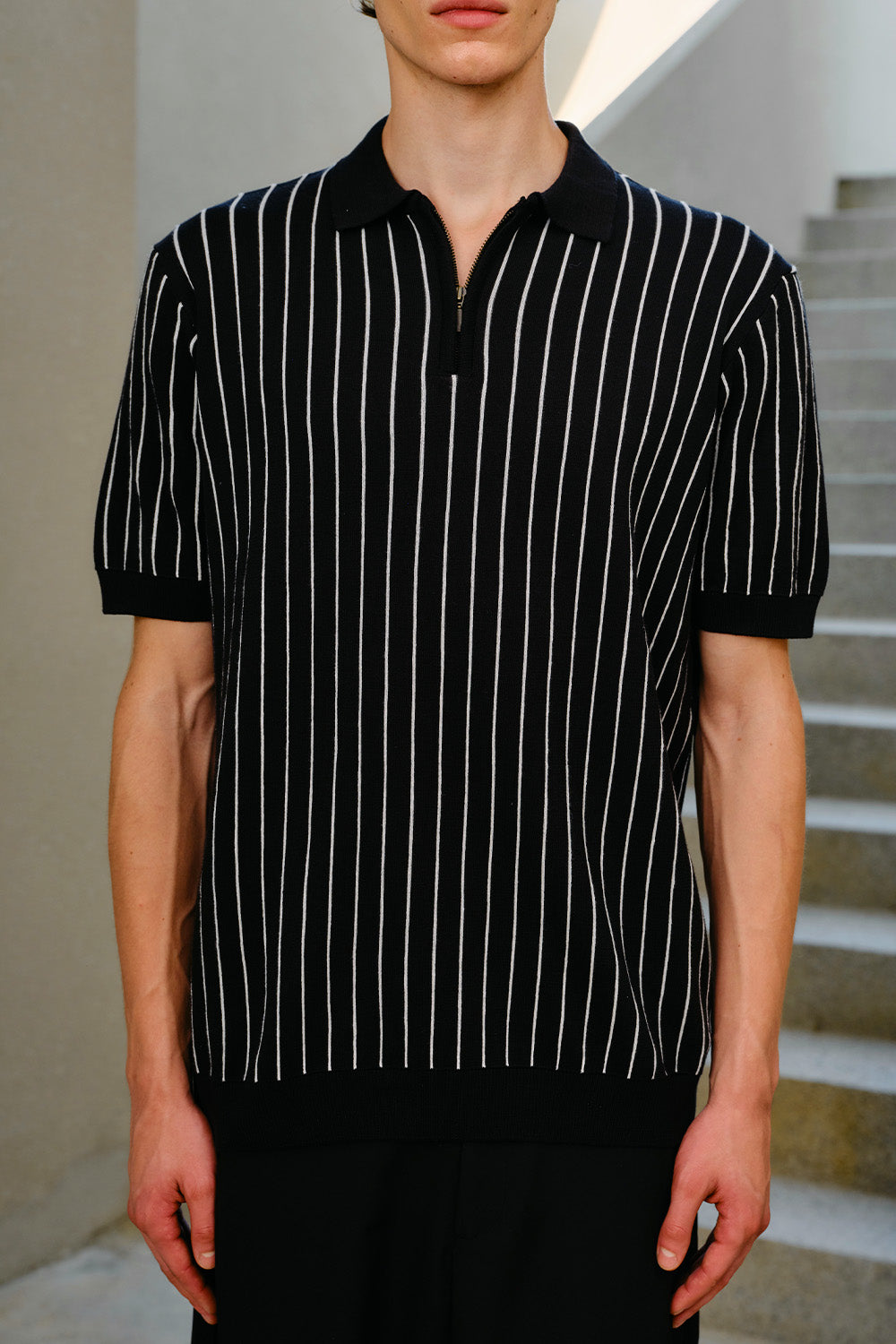 Black Metro Stripe Knit Polo - BonkersCorner