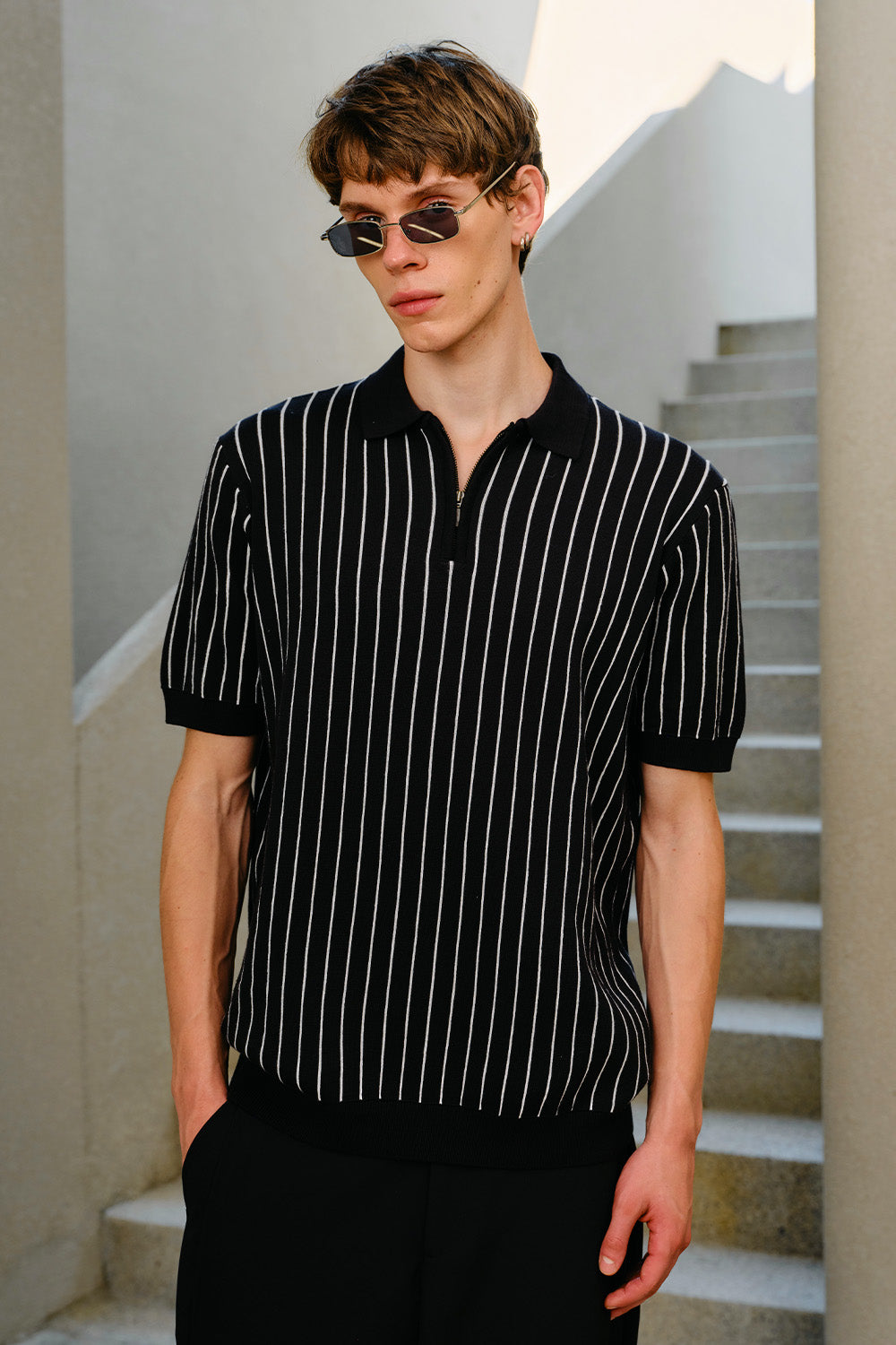 Black Metro Stripe Knit Polo - BonkersCorner