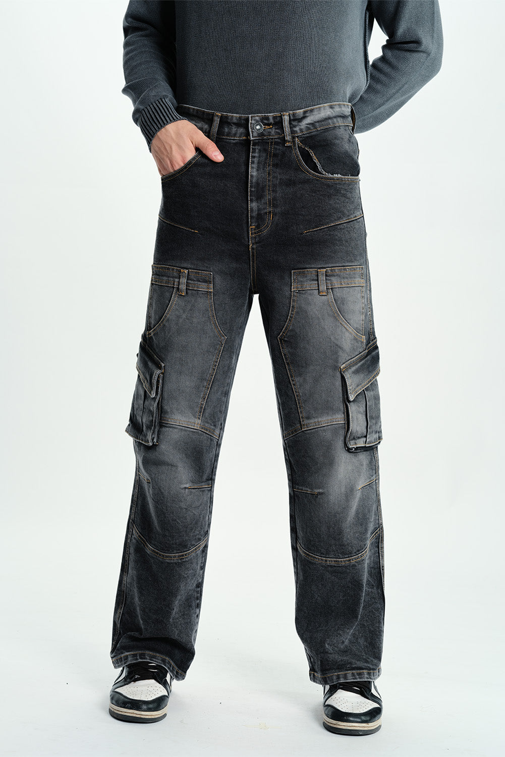 Black Wash Workwear Cargo Jeans - BonkersCorner