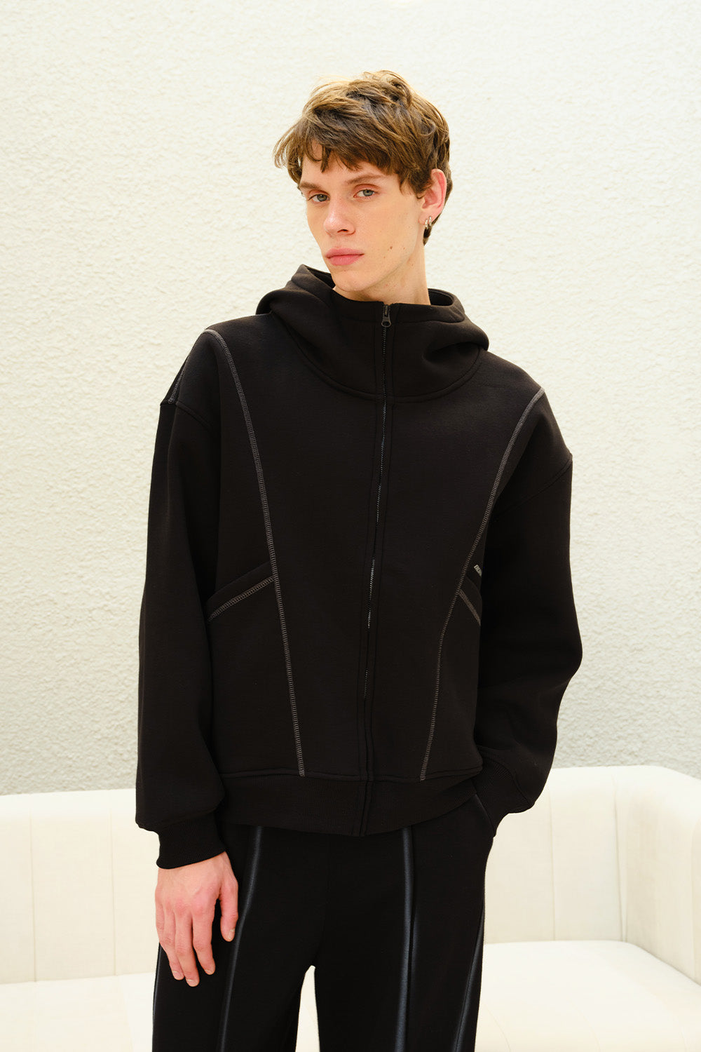 Black Contour Zip Hoodie