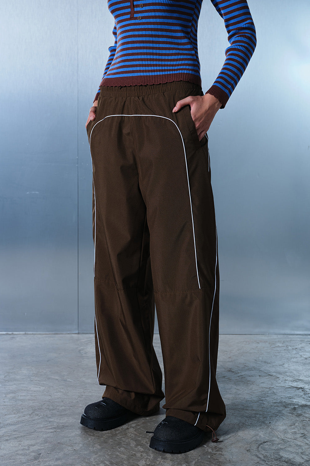 Tan Brown Sporty Deconstructed Loose Pants