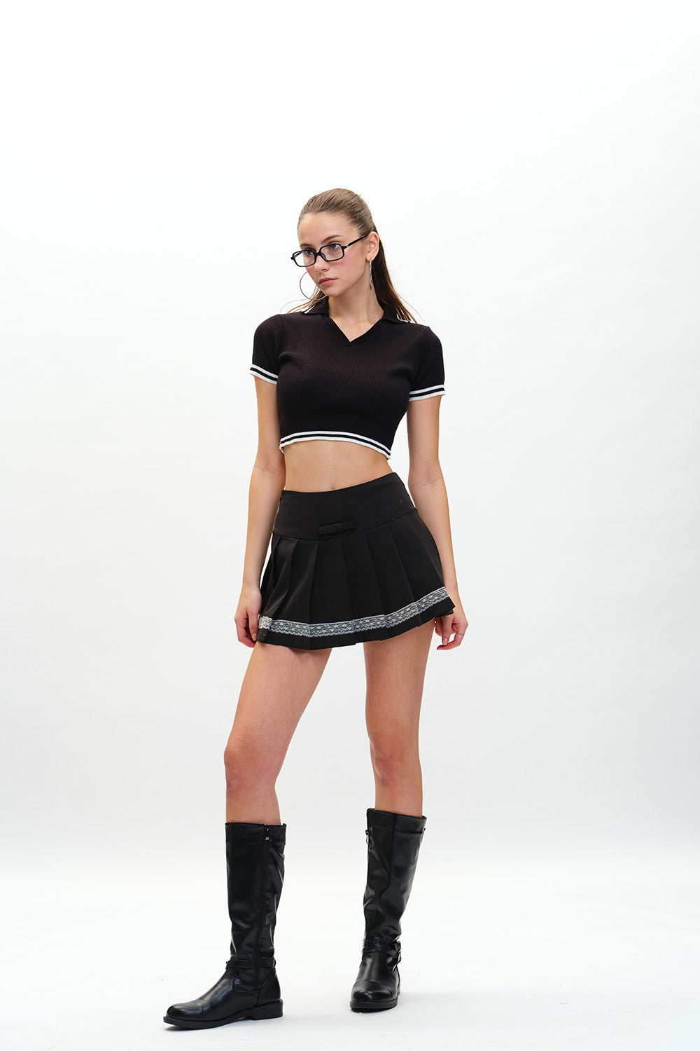 Black Collared Knit Crop Top - BonkersCorner