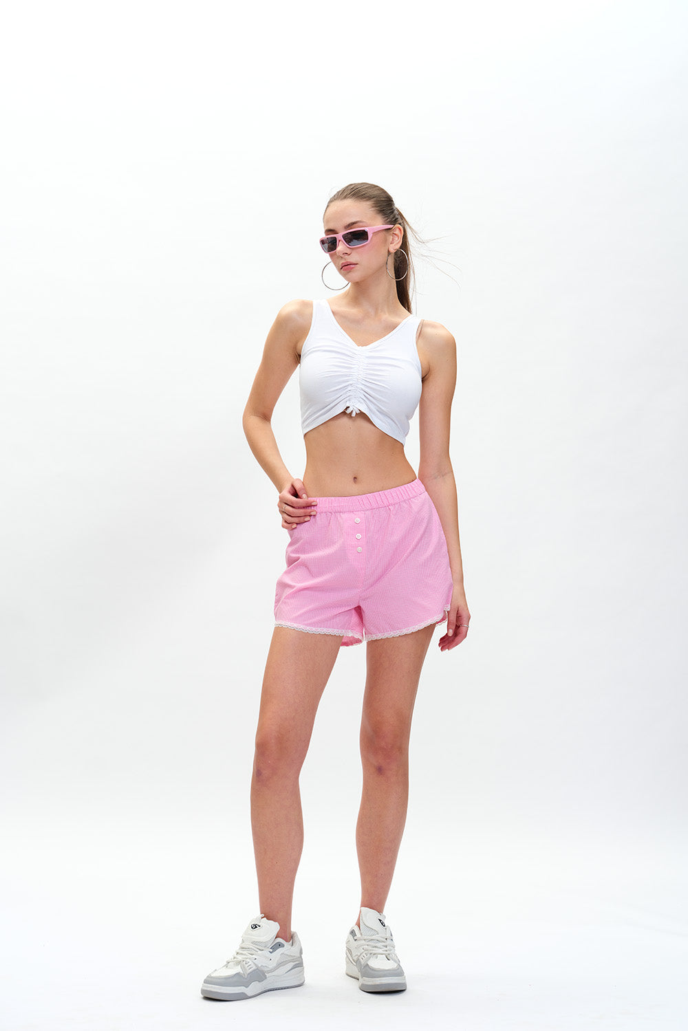 Pink Checkered Lace Trimmed Boxer Shorts - BonkersCorner