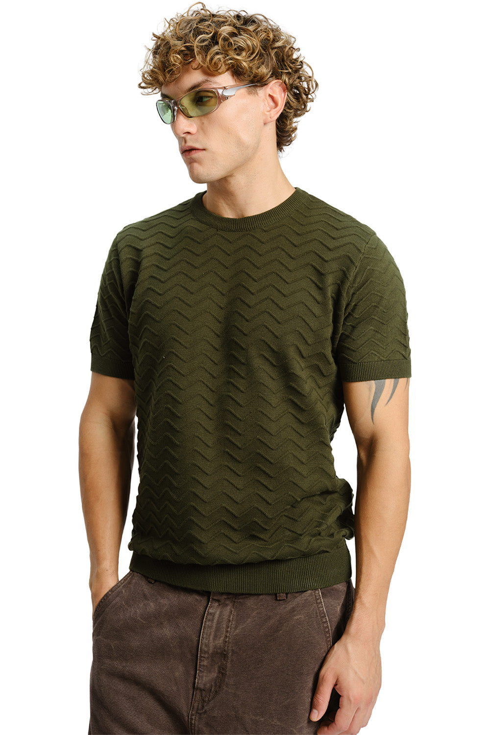 Zigzag Olive Knit T-shirt - BonkersCorner