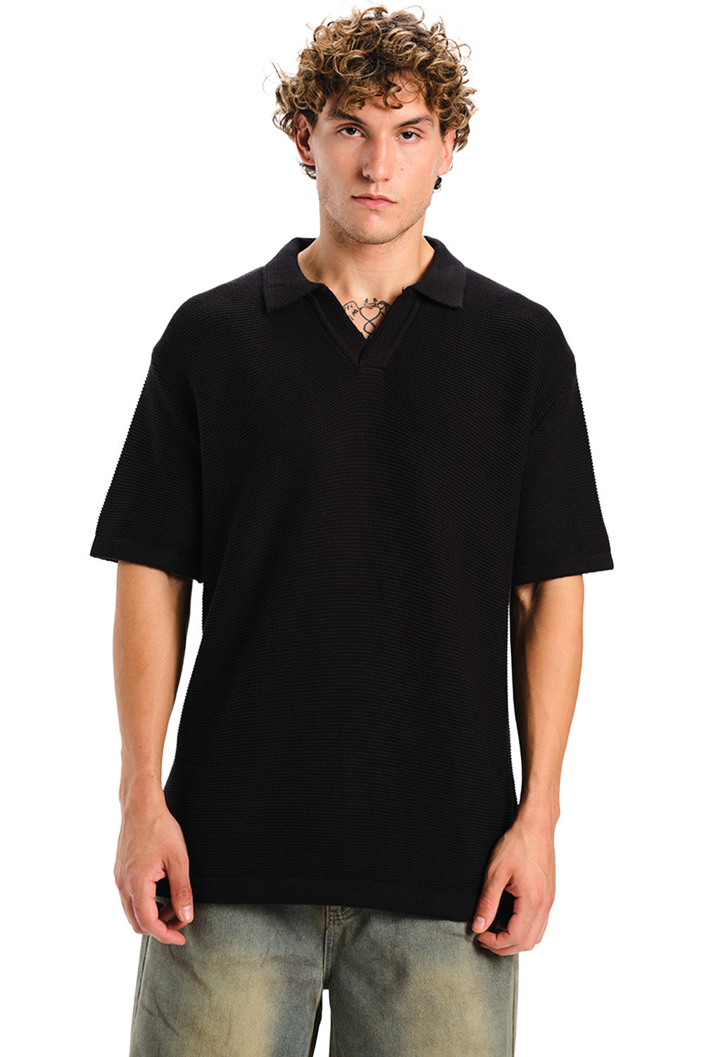 Black Knit Double Textured Polo T-shirt - BonkersCorner