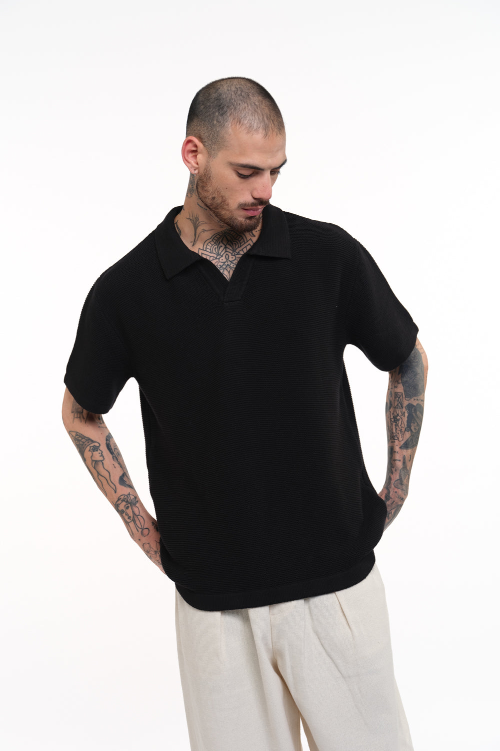 Black Knitted Polo T-shirt - BonkersCorner