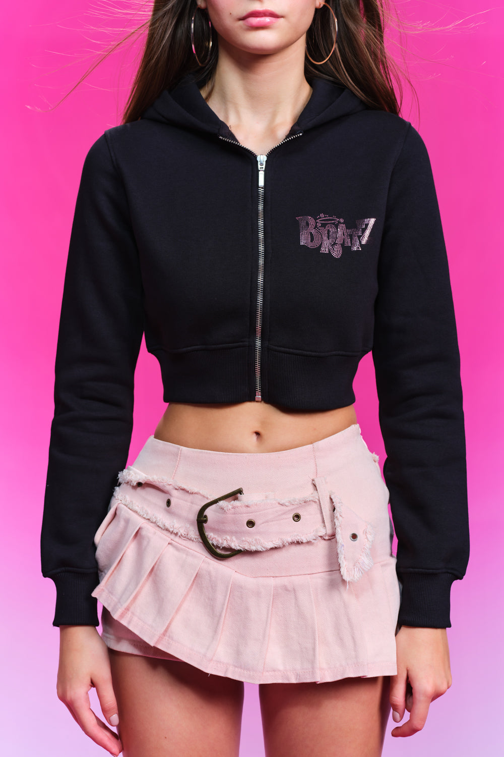 Bratz Dolled Rhinestone Black Crop Zipper - BonkersCorner
