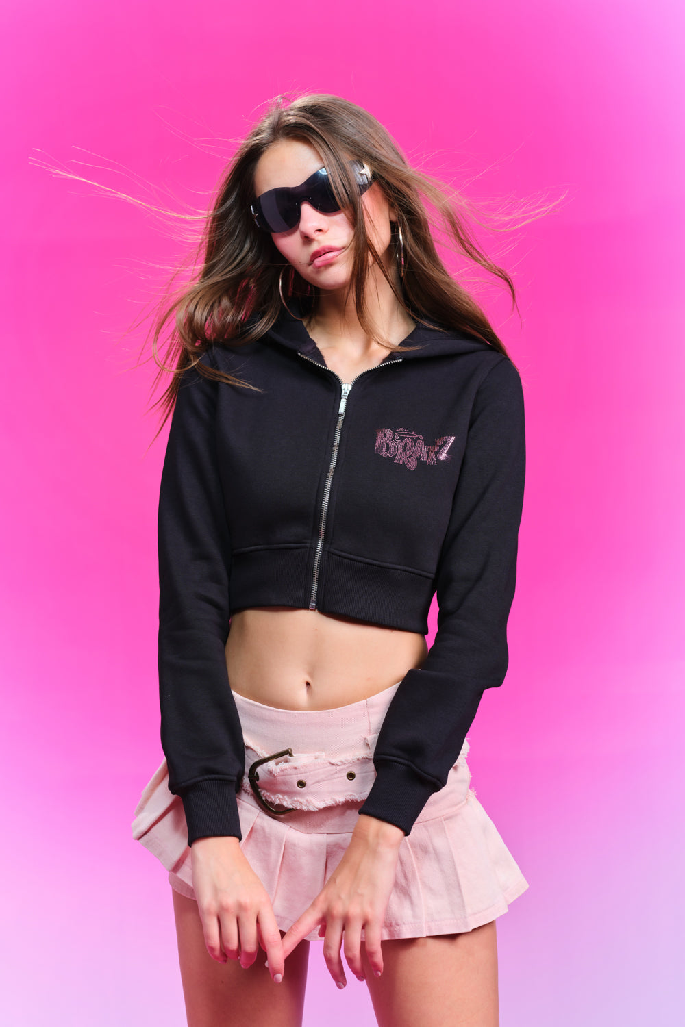 Bratz Dolled Rhinestone Black Crop Zipper - BonkersCorner