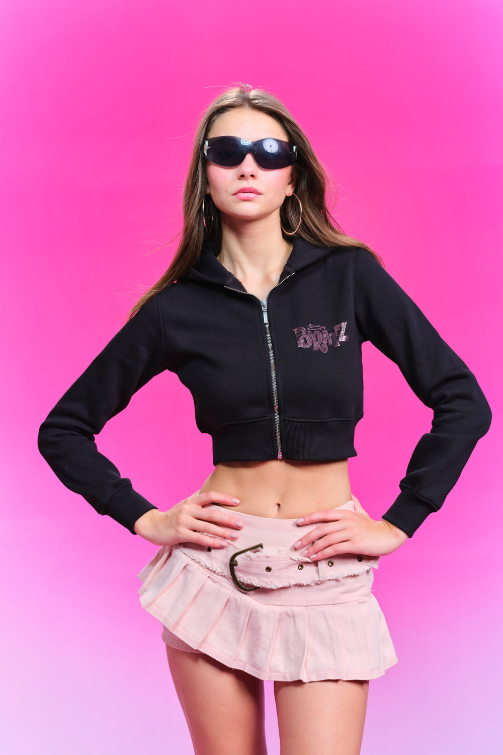 Bratz Dolled Rhinestone Black Crop Zipper - BonkersCorner