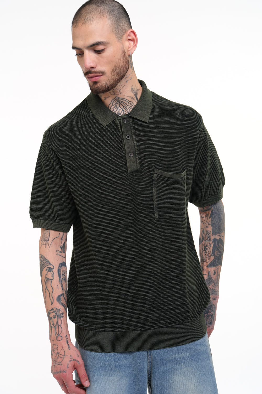 Olive Green Faded Knit Premium Polo - BonkersCorner
