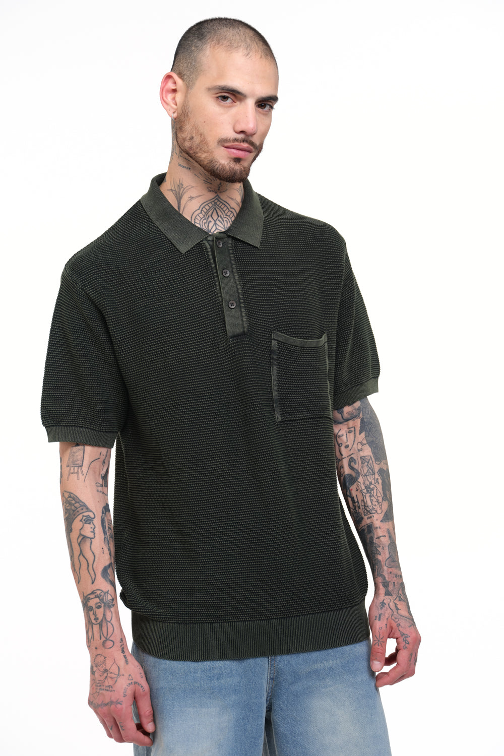 Olive Green Faded Knit Premium Polo - BonkersCorner