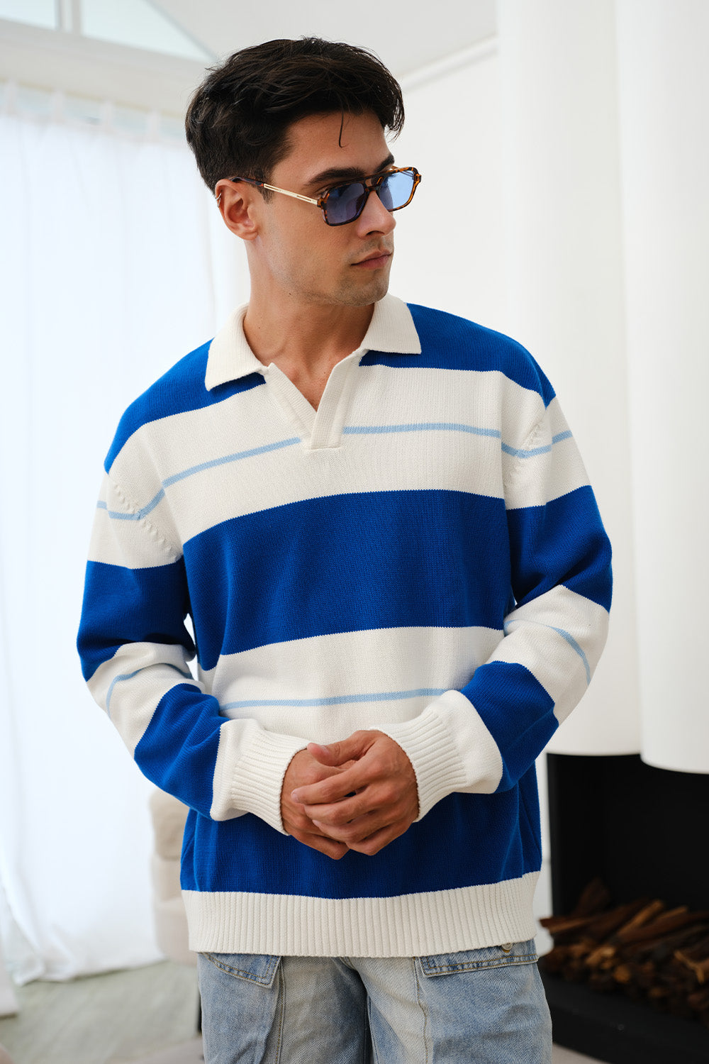 Blue Stripe V-Neck Knit Polo - BonkersCorner