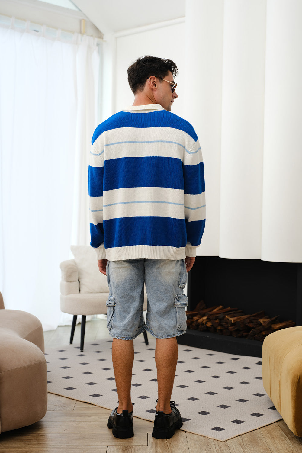 Blue Stripe V-Neck Knit Polo - BonkersCorner