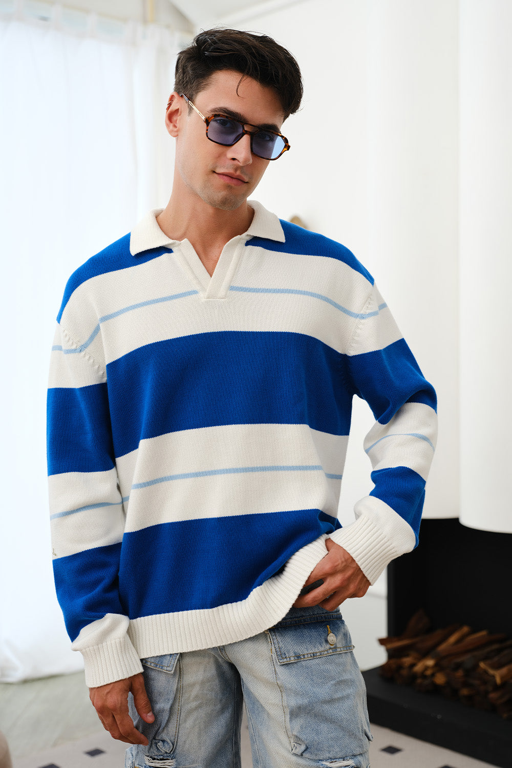 Blue Stripe V-Neck Knit Polo - BonkersCorner