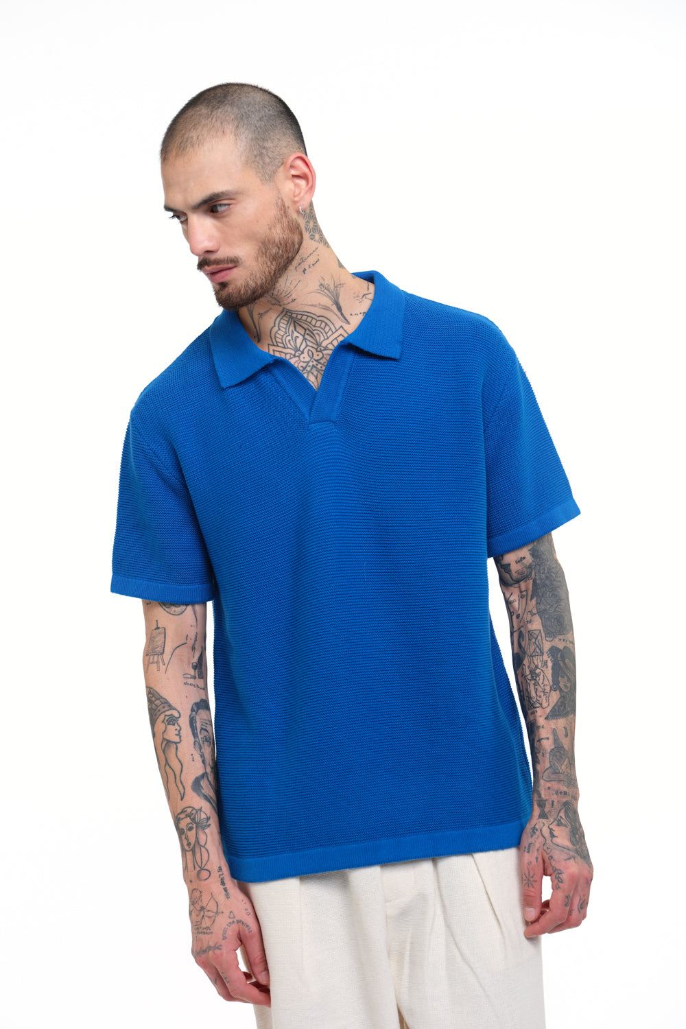 Cobalt Blue Knit Textured Polo T-shirt - BonkersCorner