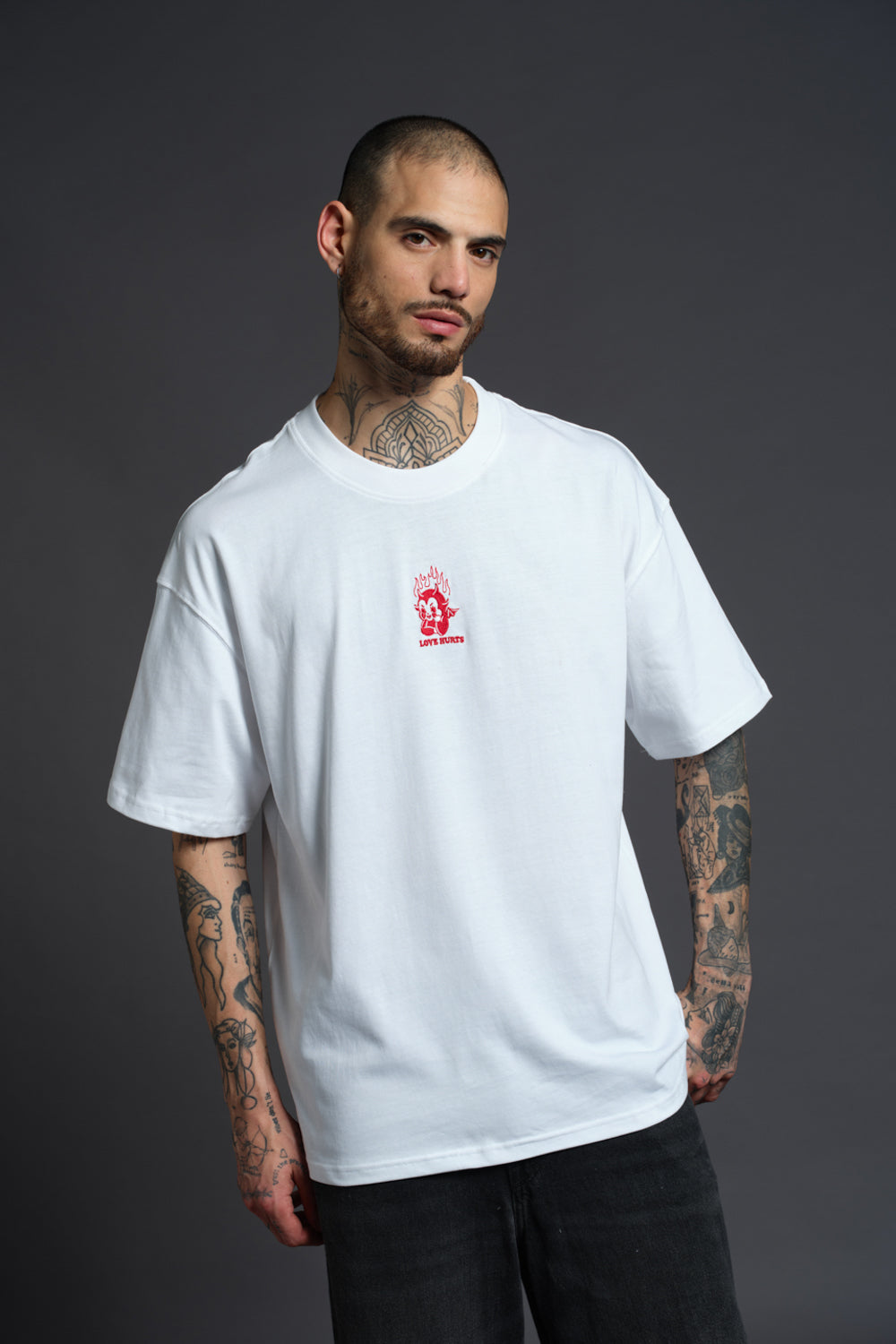 Love Hurts Embroidered Premium Oversized T-shirt - BonkersCorner