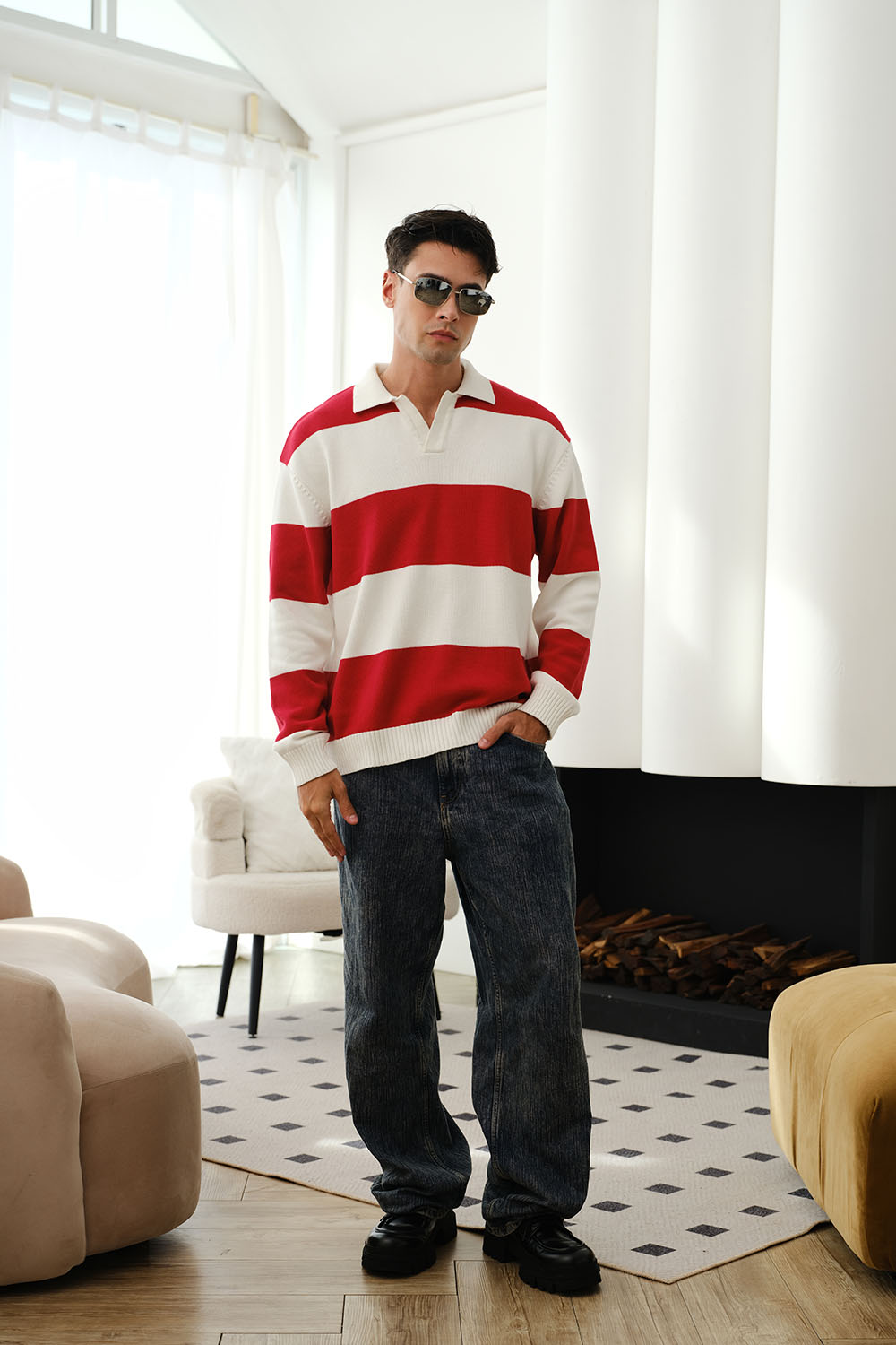 Red Stripe V-Neck Knit Polo - BonkersCorner