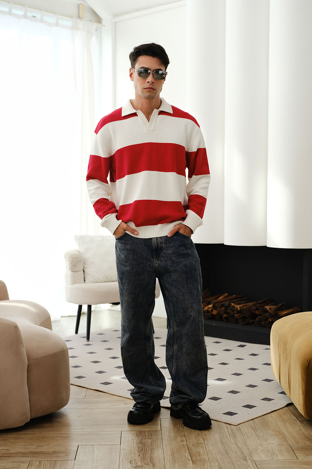 Red Stripe V-Neck Knit Polo - BonkersCorner
