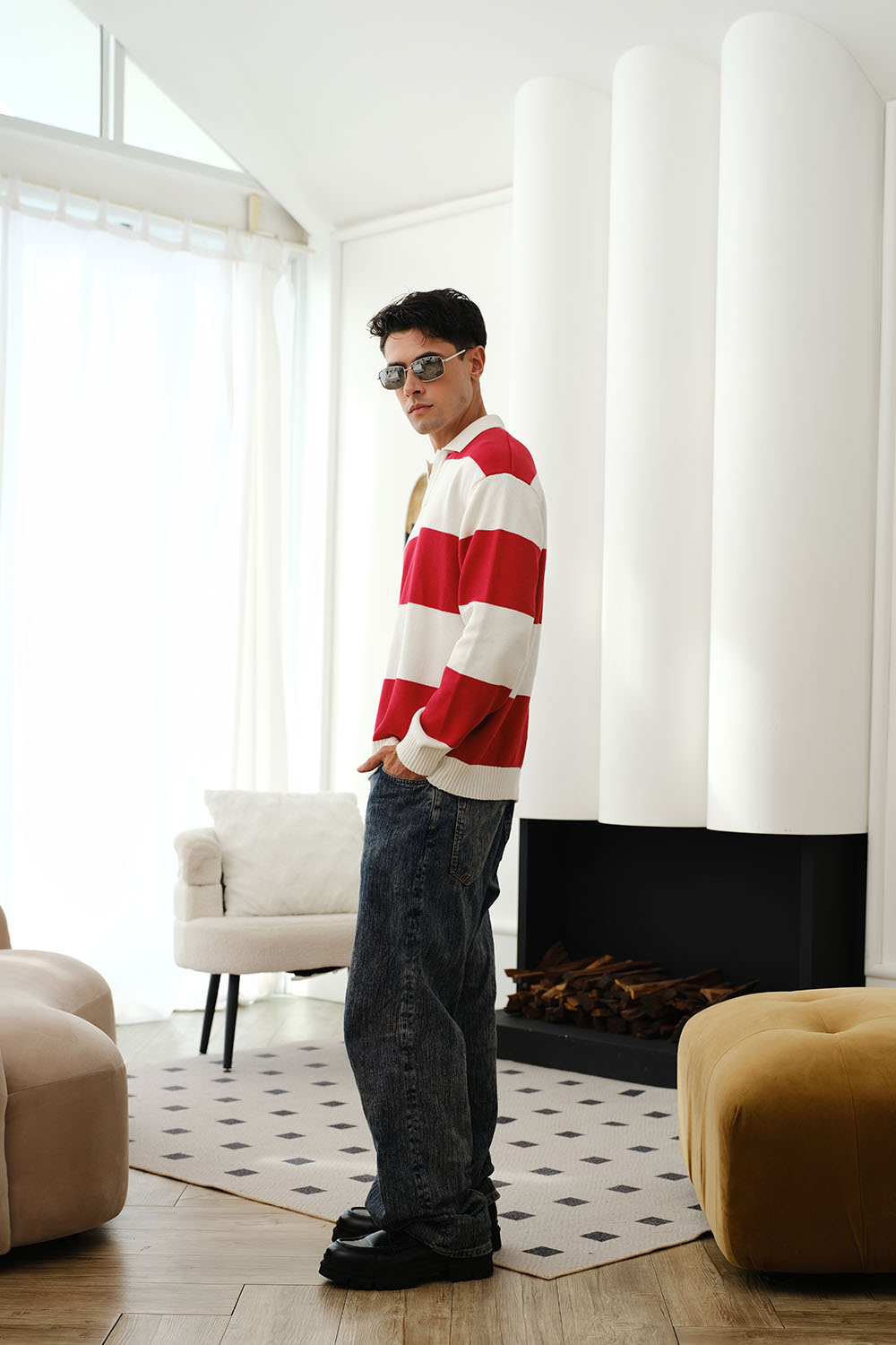 Red Stripe V-Neck Knit Polo - BonkersCorner