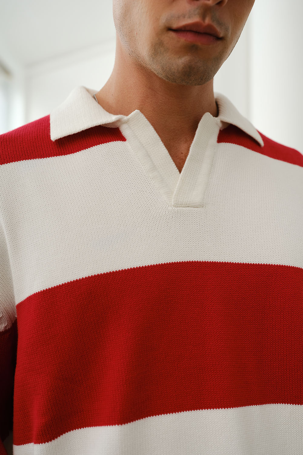 Red Stripe V-Neck Knit Polo - BonkersCorner