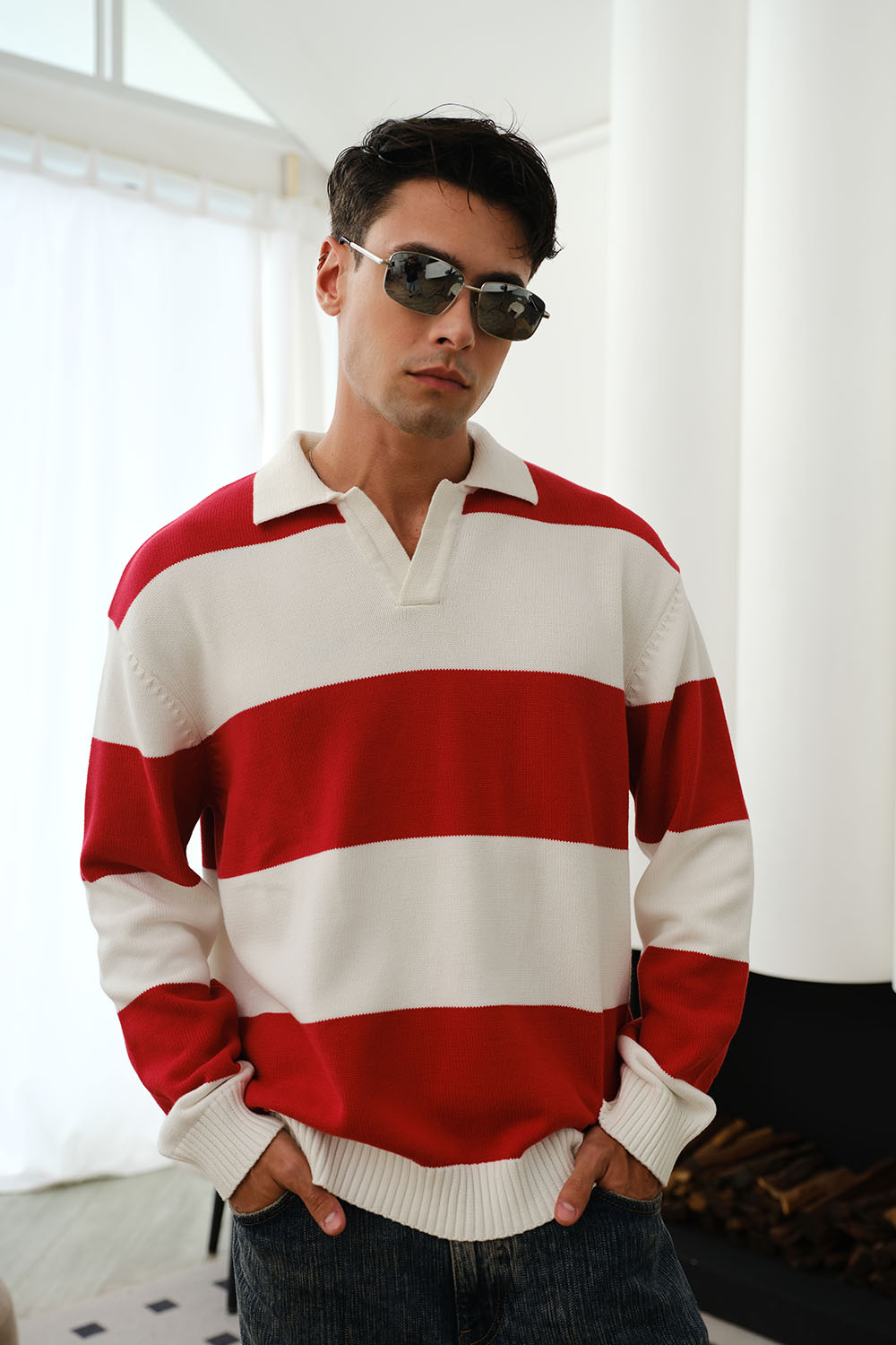 Red Stripe V-Neck Knit Polo - BonkersCorner