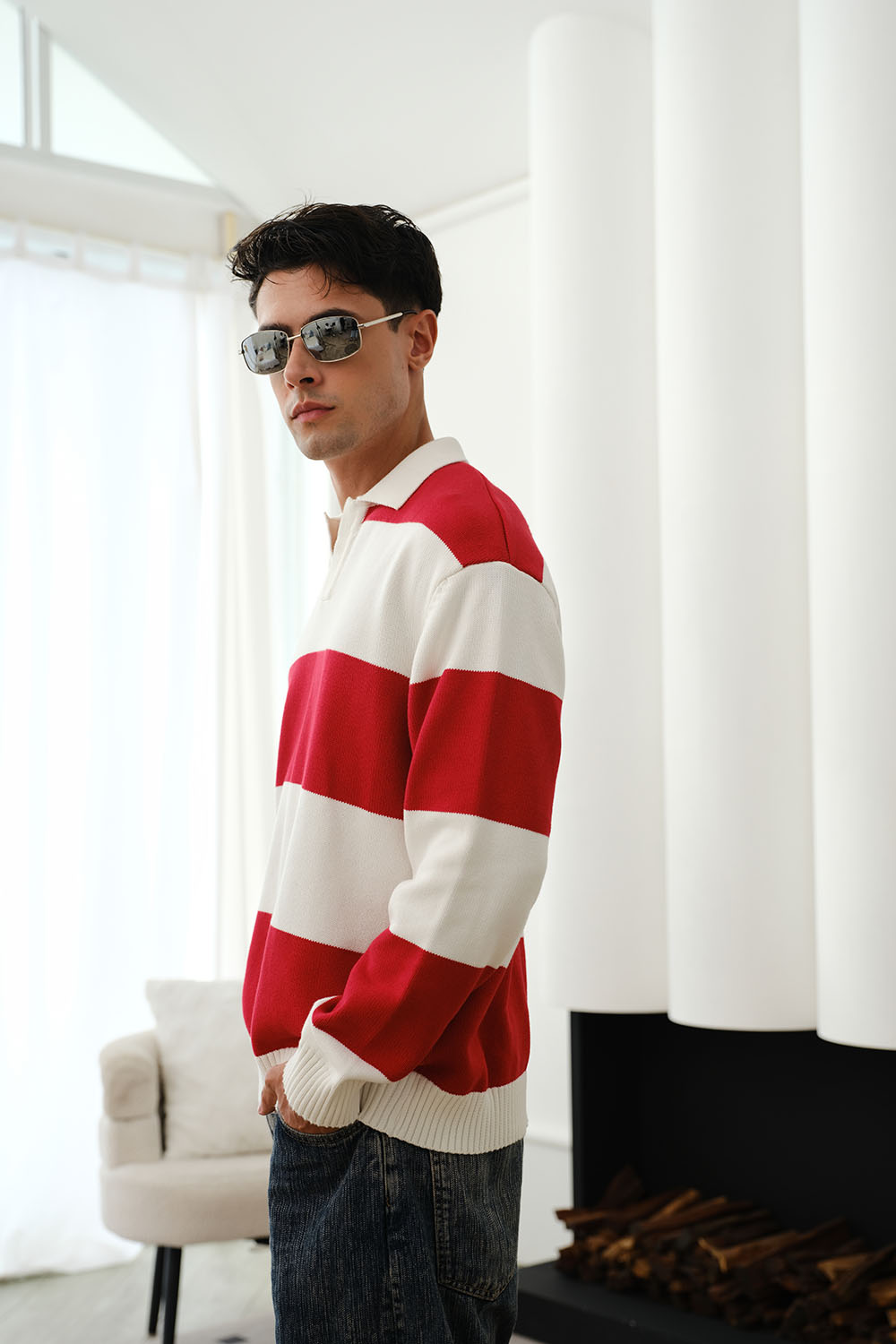 Red Stripe V-Neck Knit Polo - BonkersCorner