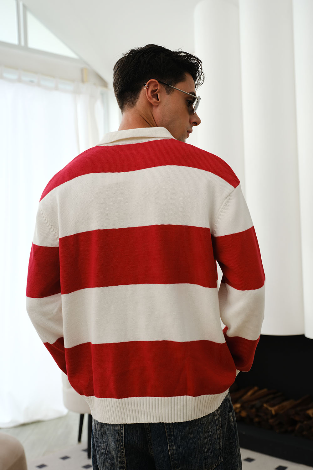 Red Stripe V-Neck Knit Polo - BonkersCorner
