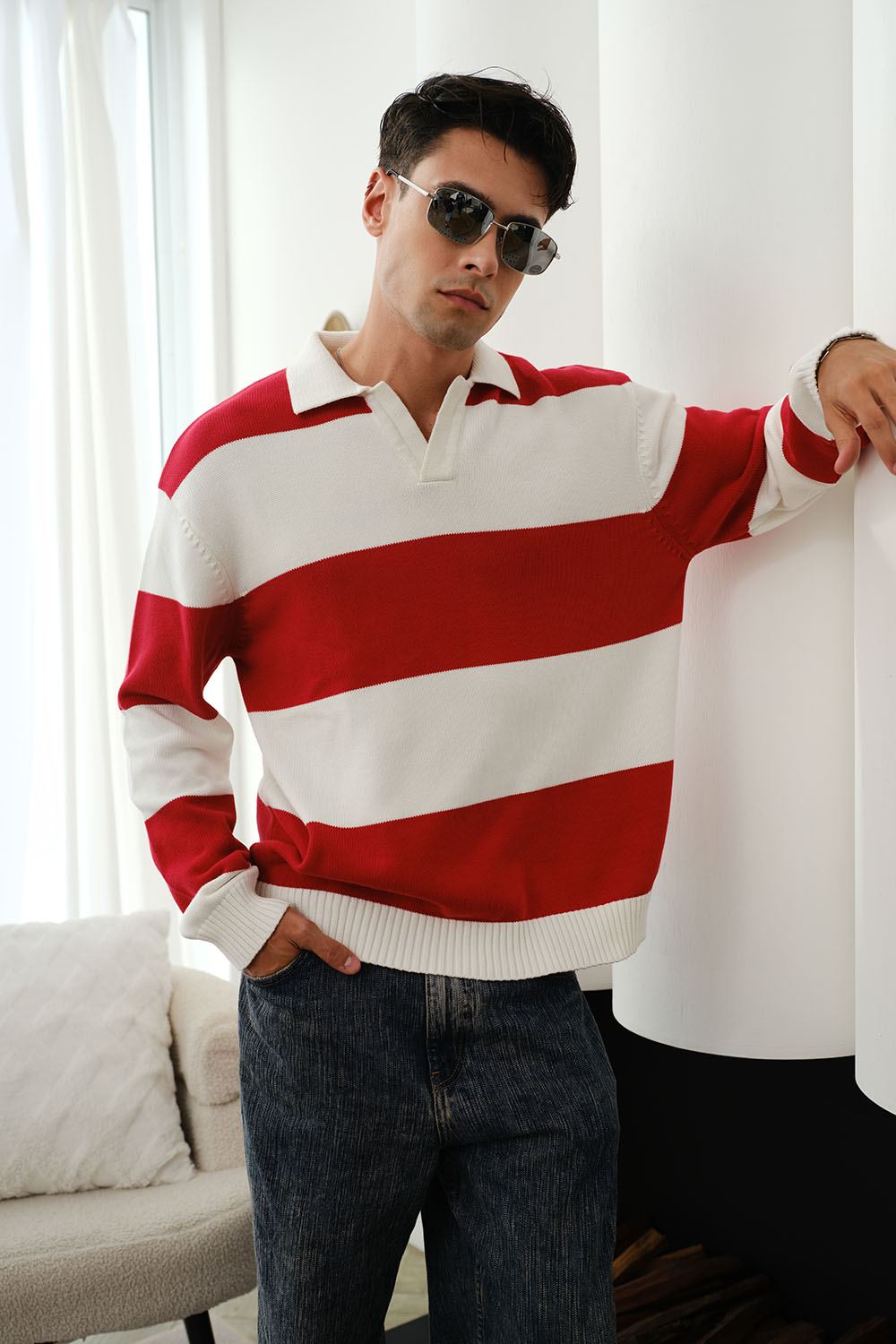 Red Stripe V-Neck Knit Polo - BonkersCorner