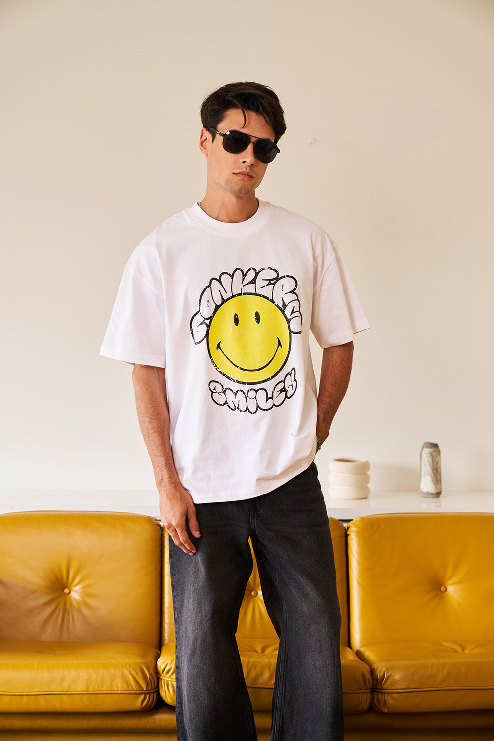 White Bonkers X Smiley Oversized T-shirt - BonkersCorner