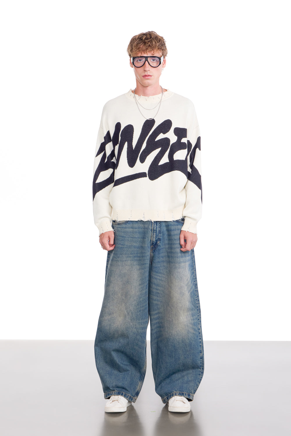 Graffiti Distressed White Pullover