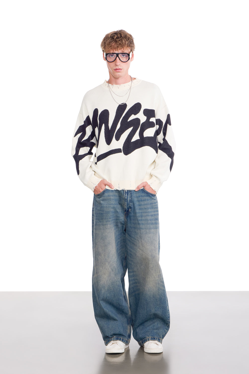 Graffiti Distressed White Pullover - BonkersCorner