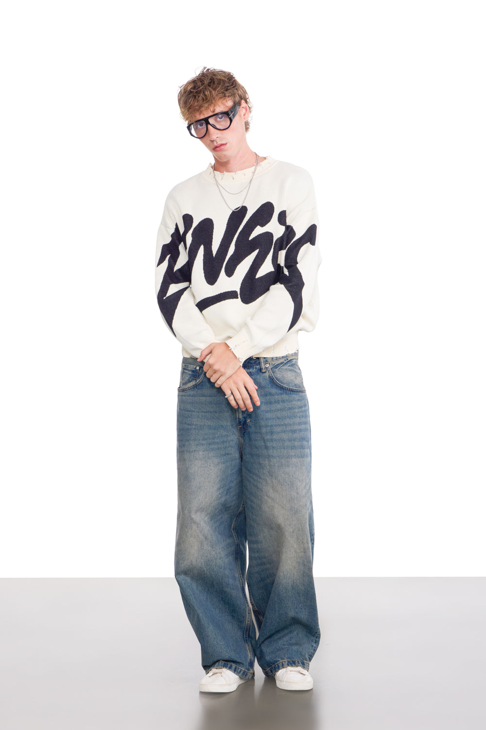 Graffiti Distressed White Pullover - BonkersCorner