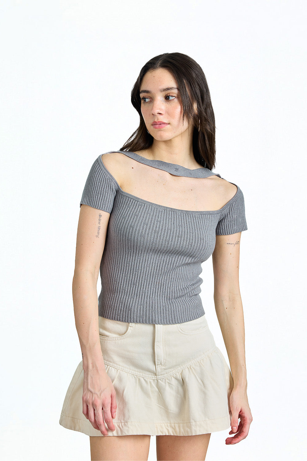 Grey Choker Off Shoulder Top - BonkersCorner