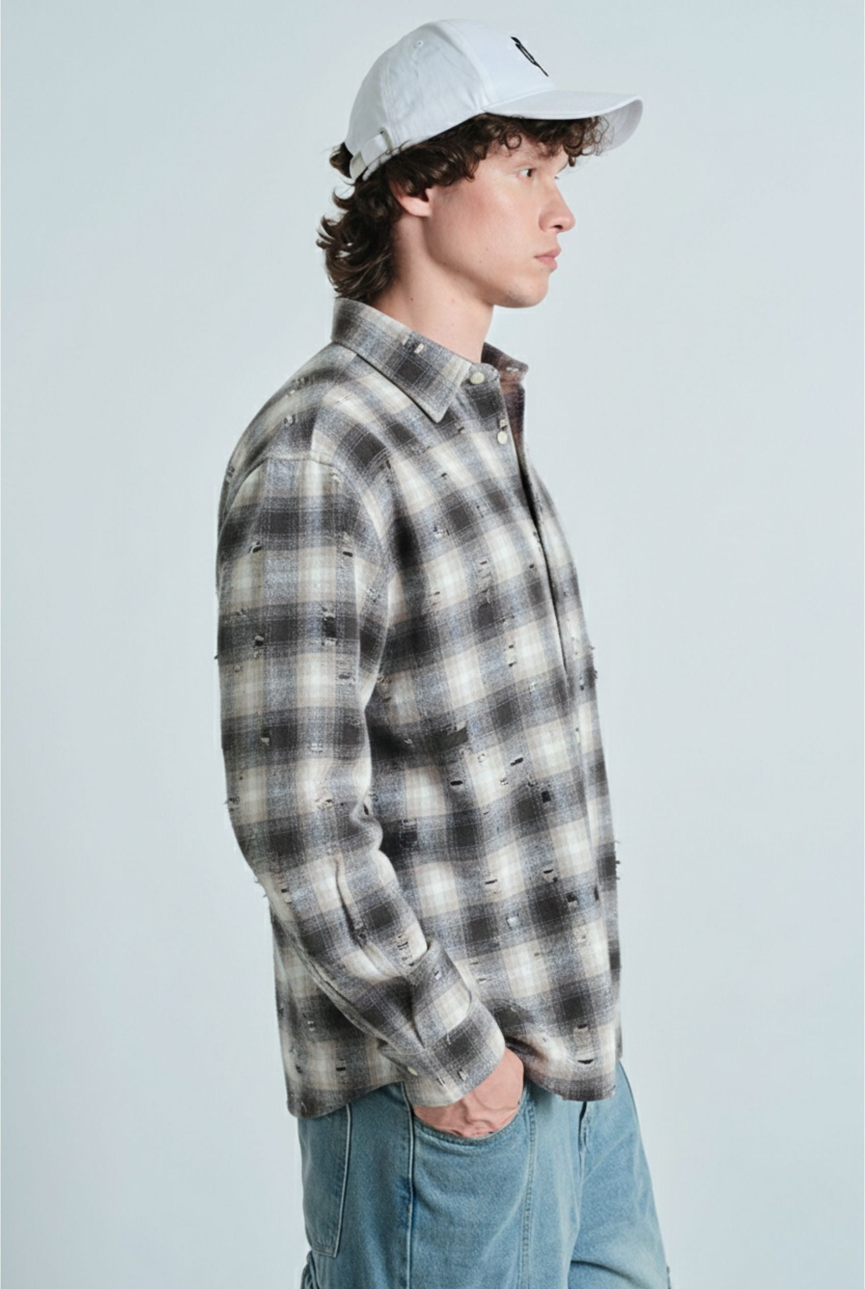 Grey Distressed Plaid Overshirt - BonkersCorner