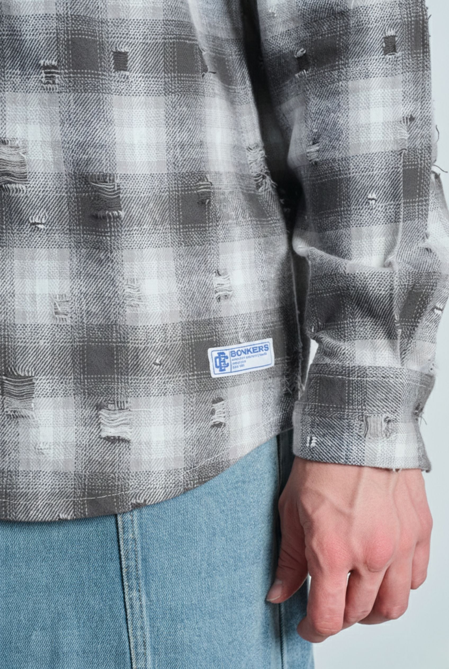 Grey Distressed Plaid Overshirt - BonkersCorner