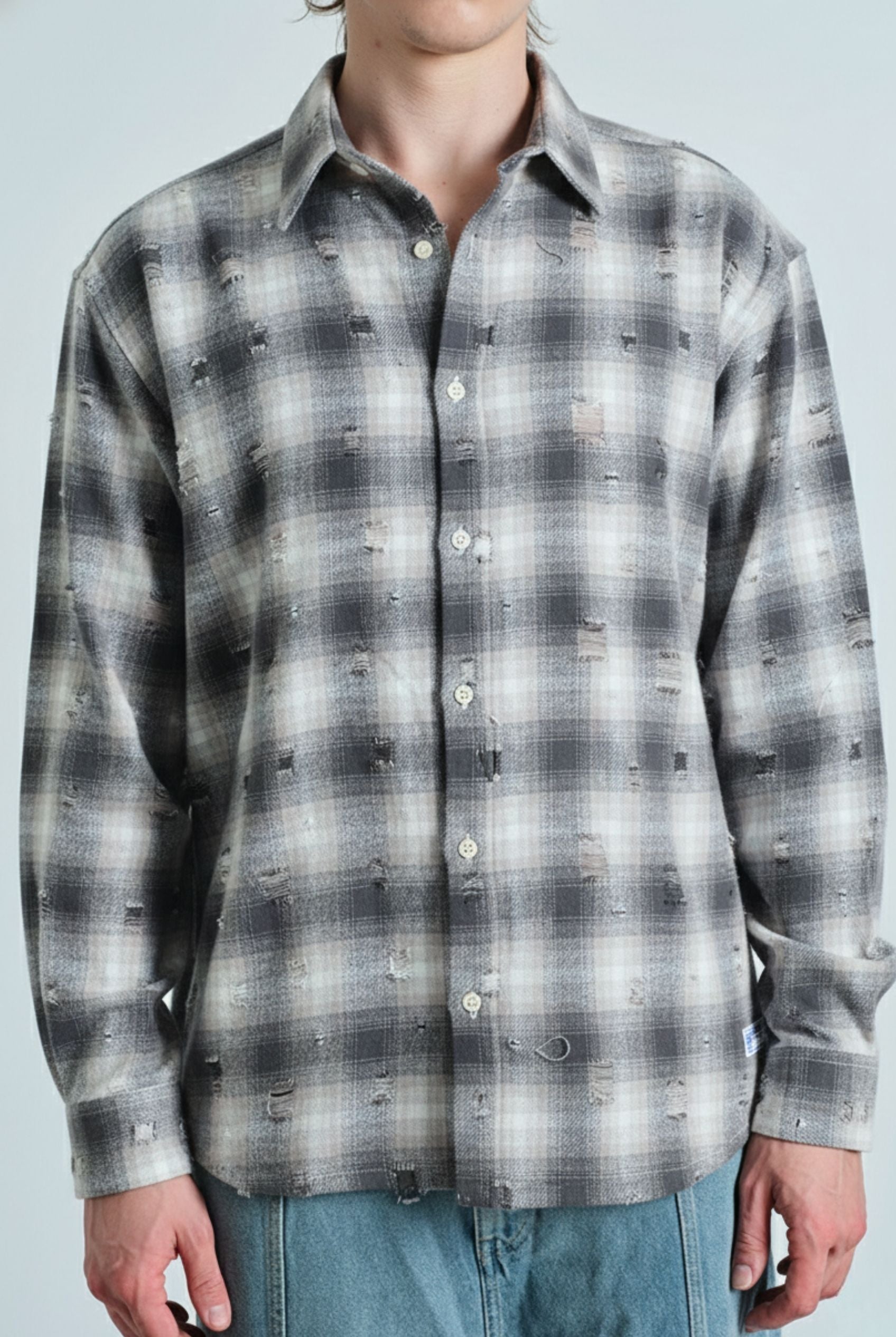 Grey Distressed Plaid Overshirt - BonkersCorner