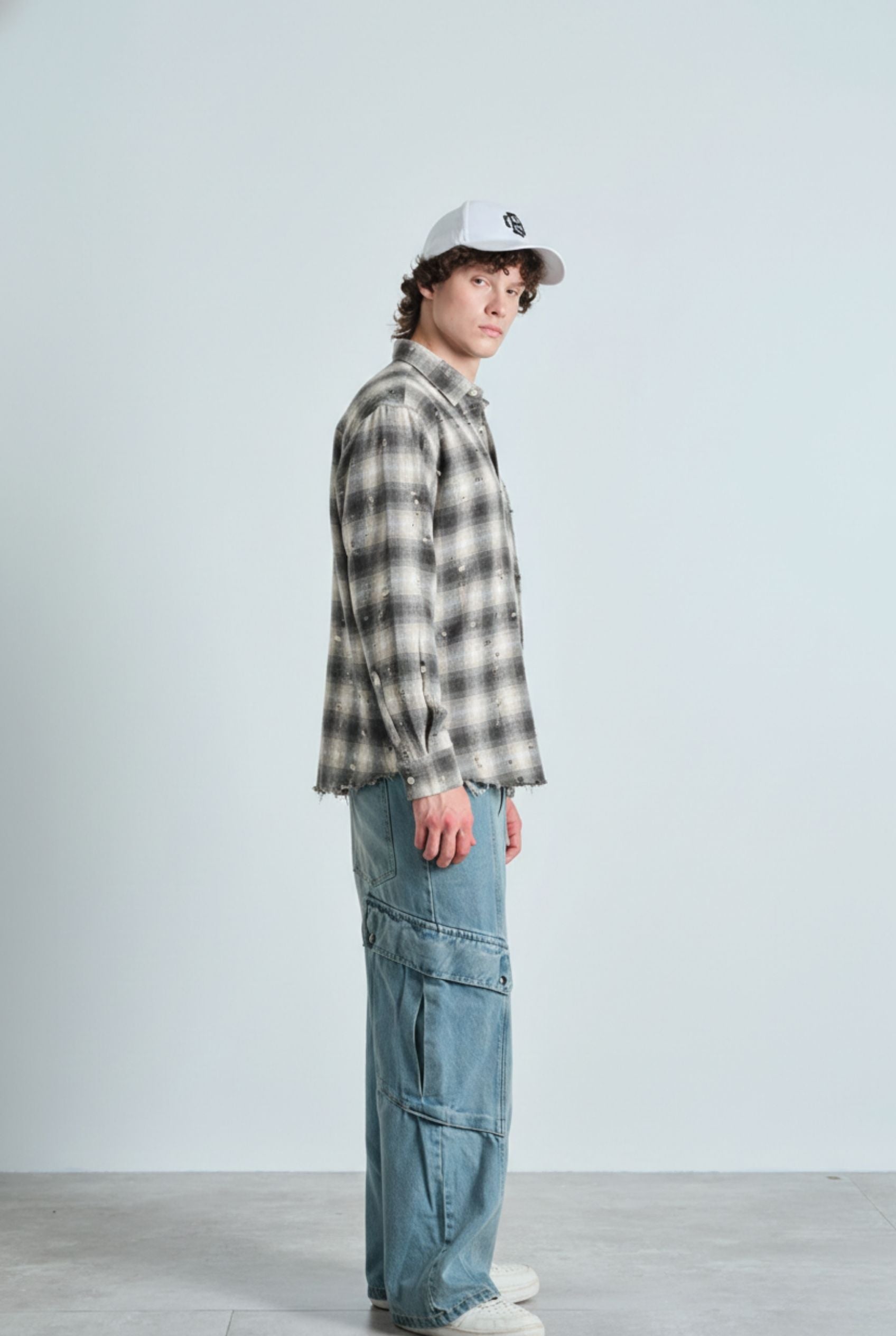 Grey Distressed Plaid Overshirt - BonkersCorner